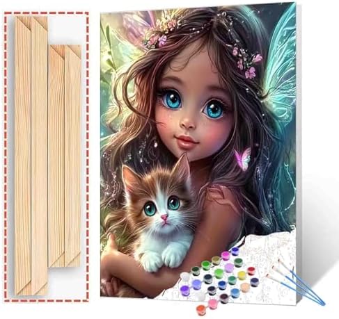 DIY Paint by Numbers for Adults Cute Little Girl Painting Acrylic Paint African Women Black Girl DIY Digital Oil Painting Kits Child and Cat Canvas Wall Art Living Room Decor 16x20 Inch（DlY Frame ） by TUMOVO