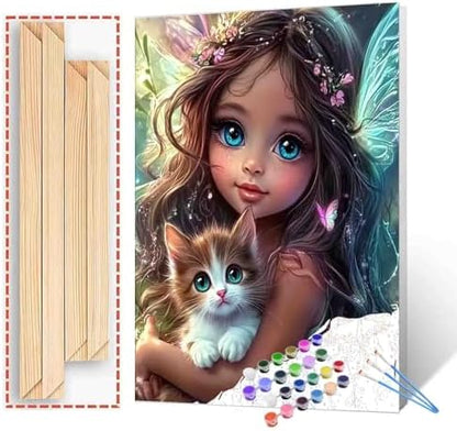 DIY Paint by Numbers for Adults Cute Little Girl Painting Acrylic Paint African Women Black Girl DIY Digital Oil Painting Kits Child and Cat Canvas Wall Art Living Room Decor 16x20 Inch（DlY Frame ） by TUMOVO