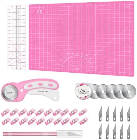 Rotary Cutter Set Pink - Quilting Kit incl. 45mm Fabric Cutter, 5 Replacement Blades, A2 Cutting Mat, Acrylic Quilting Ruler and Sewing Clips, Craft Knife Set, Ideal for Crafting, Sewing, Patchworking by HeadleyTools
