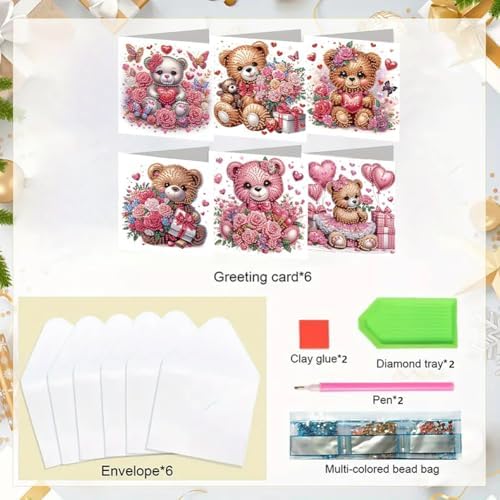 jinglinhh 6pcs Bear Rose Flowers Heart-Shaped Balloon Gifts Diamond Art Painting Greeting Cards with Envelopes, DIY Card Making Kits for Adults, Diamond Art Postcards Christmas Cards Craft Gifts - Image 3