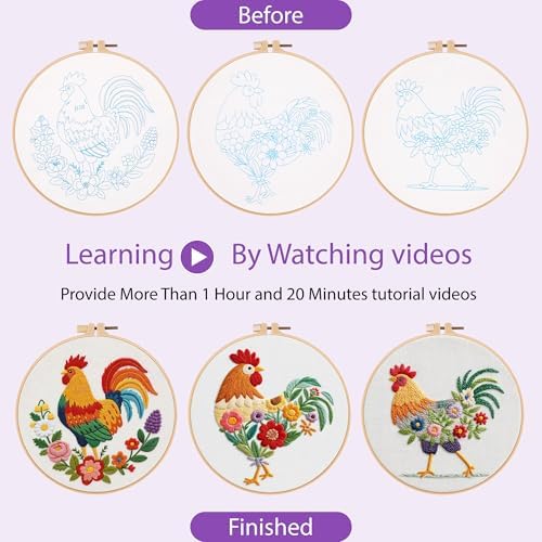 Uniartfy 3 Pack Funny Rooster and Flower Embroidery Kits for Beginners, Animal Cross Stitch Kit for Adults, DIY Needlepoint with Stamped Pattern, Embroidery Hoop, Tools, Colorful Threads, Instructions - Image 4