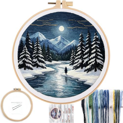 FONNUY Embroidery Kit for Beginners, Boho Nature Landscape Pre-Stamped Pattern Kits for Adults with Hoop, Easy to Follow Color Thread Needlework, 8'' Hoop (Winter Night) by FONNUY