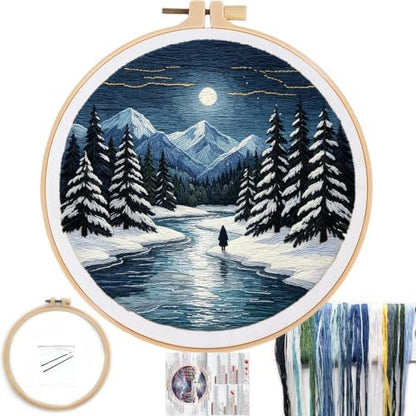 FONNUY Embroidery Kit for Beginners, Boho Nature Landscape Pre-Stamped Pattern Kits for Adults with Hoop, Easy to Follow Color Thread Needlework, 8'' Hoop (Winter Night) by FONNUY