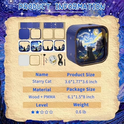 3D Wooden Puzzle Night Light DIY LED Art Lamp Kit for Adults Desk Decor Relaxing Craft Project Table Ornament and Unique Gift (Starry Cat) - Image 6