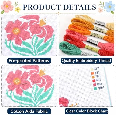 ZOIIWA 6PCS Flower Embroidery Kit for Beginners Adults Summer Cross Sewing Kits DIY Starter Hand Embroidery Kit with Needlepoint Patterns Hoop Threads Needles Instructions Craft Gift for Home Decor - Image 3