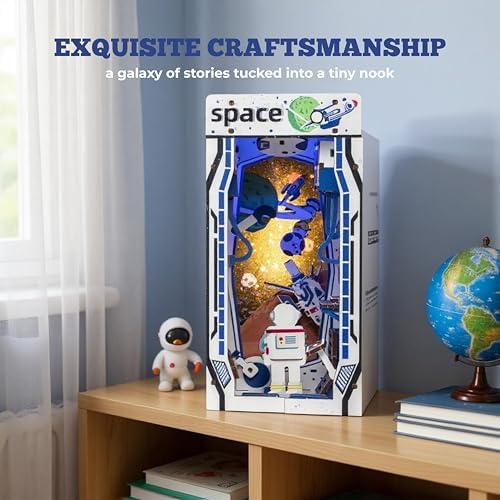 Space World Book Nook Kit, Astronaut 90-Piece DIY Miniature LED Doll House, 3D Wooden Puzzle BookNook Kit for Adults, Tiny Home Model Building Kit for Book Lovers & Beginners, Bookshelf Decor - Image 5