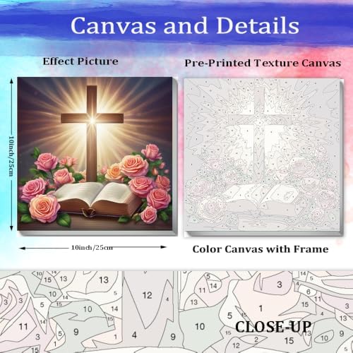 JUJUHOOD Christ Cross Paint by Numbers Kit for Adults Beginner & Kids Ages 8-12,Easy Flowers Paint by Number Without Easel, Acylic Paint by Numbers for Gift Home Wall Decor 10x10Inch - Image 3