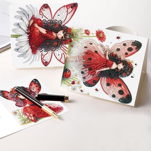 LazyFold 6 Pcs Diamond Art Painting Greeting Cards Kits, Red Fairy Handmade Festival Greeting Cards with Envelopes Diamond Art Crafts Birthday Cards Creative Gift - Image 4