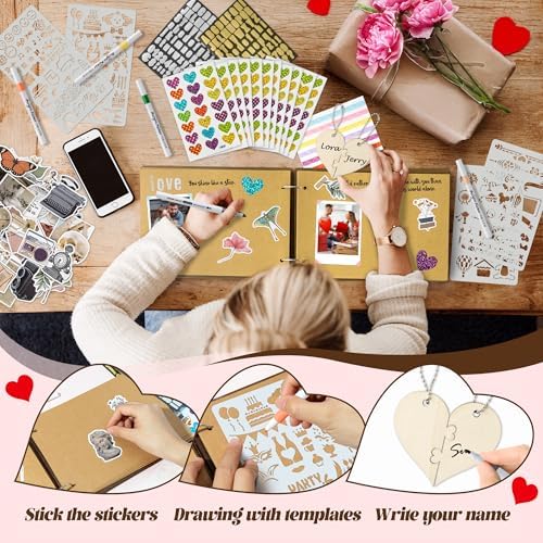 CY2SIDE Valentine's Day Couple Photo Album Scrapbook - 111PCS The Little Book of Us Wooden Album Scrapbook Kit for Lovers with Heart Puzzle Brown Paper Sticker and Template for DIY Dating Anniversary - Image 3