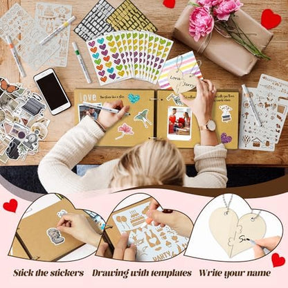 CY2SIDE Valentine's Day Couple Photo Album Scrapbook - 111PCS The Little Book of Us Wooden Album Scrapbook Kit for Lovers with Heart Puzzle Brown Paper Sticker and Template for DIY Dating Anniversary - Image 3