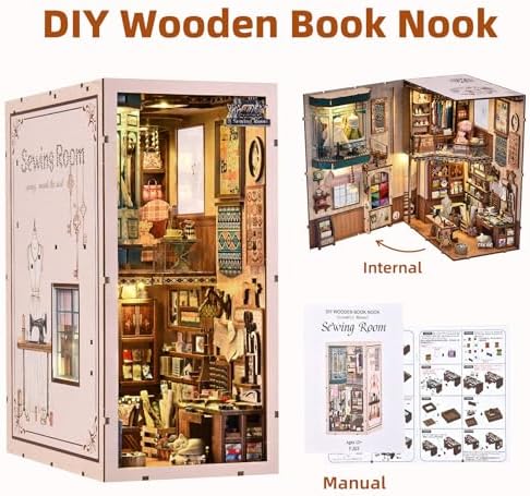 fifijoy Book Nook Kit - DIY Miniature House Dollhouse Kit for Adults and Teens, Booknook Tiny House Bookshelf Decor 3D Wooden Puzzle, Gifts for Family Friends (Sewing Room) - Image 3