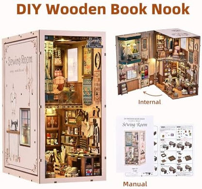fifijoy Book Nook Kit - DIY Miniature House Dollhouse Kit for Adults and Teens, Booknook Tiny House Bookshelf Decor 3D Wooden Puzzle, Gifts for Family Friends (Sewing Room) - Image 3