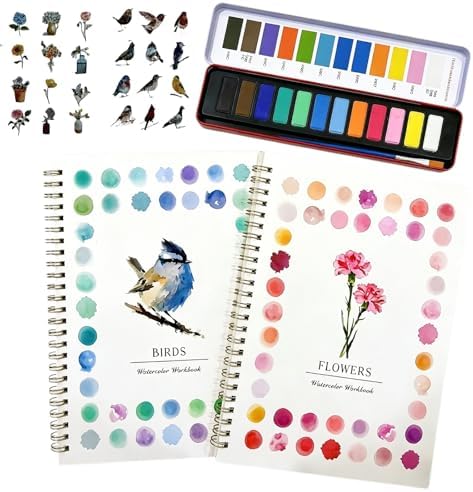 2Pcs Birds & Flowers Watercolour Set for Beginners, Complete Art Kit with 12 Paints, Brush & Sketch Pads, Pre-Sketched Book & Step-by-Step Guide for Adults & Teens by Unknown