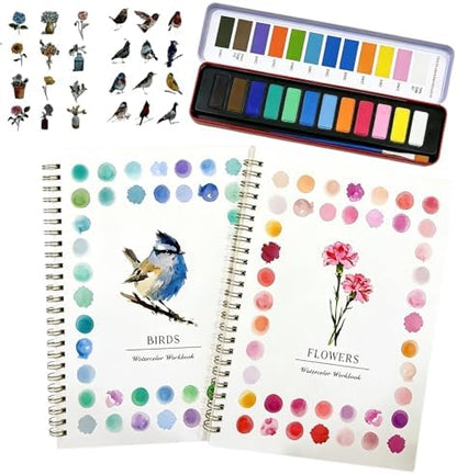 2Pcs Birds & Flowers Watercolour Set for Beginners, Complete Art Kit with 12 Paints, Brush & Sketch Pads, Pre-Sketched Book & Step-by-Step Guide for Adults & Teens by Unknown