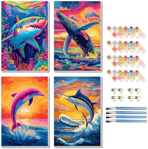 TBAIRO 4 Pack Framed Paint by Numbers Kit for Adults Beginner Animals DIY Painting Kits for Adults Ocean Easy Adult Paint by Number Kits on Canvas for Wall Art Decor 8x12 Inch by Unknown