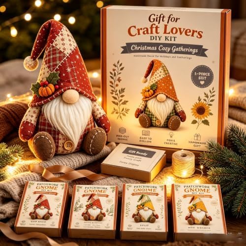 DIY Patchwork Gnome Kit, Christmas Cozy Gnome Sewing Craft Set, DIY Craft Set with Yarn & Tools for Adults & Beginners, Handmade Decor Ornament Gift & Home Decor for Craft Lovers (Red) - Image 5