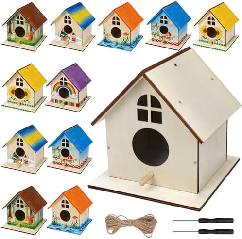 12 Pack Wooden DIY Birdhouse Kit for Kids Adults, Thickened Double-Layer Wood with Screwdrivers, Nails, Ropes, Easy Build & Paint Arts and Crafts Set for Backyard Garden Bird Watching by Entallor