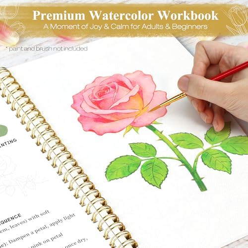 Creazic Watercolor Workbook for Beginners, Floral Water Coloring Book, 16 Sheets, 140lb/300gsm Cold Press Watercolor Paper, Step-by-Step Watercolor Guide for Stress Relief & Fun Painting (Book Only) - Image 2