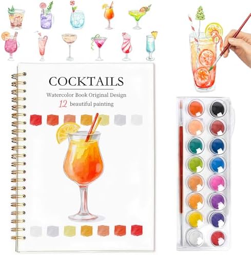 Easy Watercolor Workbook for Beginners - 12 Beautiful Step-by-Step Paintings Water Coloring Book, Includes 16 Colors Paints, Relaxing Art Projects and Creative Gift for Adults & Teen (Cocktails) by Yangmics+Direct