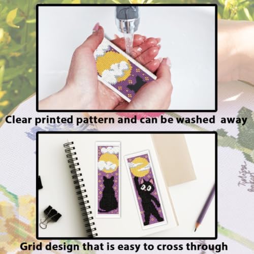 ACRNIGHEET 6PCS Cross Stitch Bookmark Kit for Beginner Stamped Cross Stitch Kits for Adults Cute Cat & Moon DIY Tassel Embroidery Bookmark Kits Needlepoint Kit with Instructions Gift 8.5''x3'' 11CT - Image 3