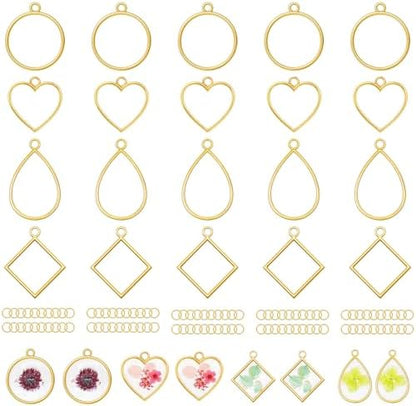 Gartful Open Bezels for Resin Jewelry Making, Smooth Hollow Frame Pendants with 100PCS Jump Rings, Craft Bezels for Necklace, Earrings, Craft Supplies, 4 Styles(Round, Heart, Square, Teardrops) by Gartful