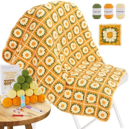 WILSHIN Blanket Crochet Kit for Beginners - Granny Squares Crochet Kit with Soft Yarns, Step-by-Step Tutorials & Detailed Instructions, Easy Craft Gift for Adults (Yellow Sunflower) by WILSHIN
