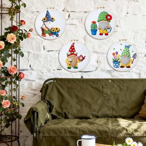 BEUNITONE 4 Set Gardener Gnome Embroidery Kit for Adult Beginners with Hoop - Image 6