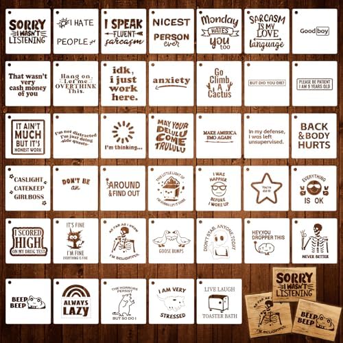 40pcs Stencils for Crafts Reusable, Funny Sarcastic Wood Burning Stencils by Bafeil
