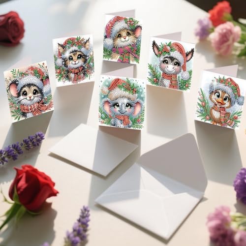 jinglinhh 6pcs Christmas Mouse Cat Donkey Koala Duck Diamond Art Painting Greeting Cards with Envelopes, DIY Card Making Kits for Adults, Diamond Art Postcards Christmas Cards Craft Gifts - Image 7