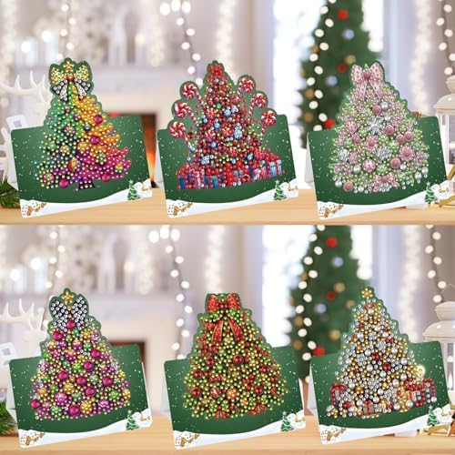 jinglinhh 6pcs Diamond Art Painting Christmas Tree Greeting Cards with Envelopes, DIY Card Making Kits for Adults, Diamond Art Christmas Cards for Birthday Holiday Postcards - Image 4