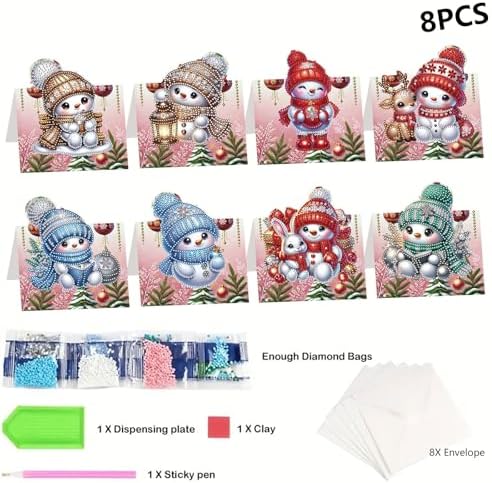 jinglinhh 8pcs Diamond Art Painting Christmas Snowman Greeting Cards with Envelopes, DIY Card Making Kits for Adults, Diamond Art Postcards Christmas Cards Craft Gifts - Image 3