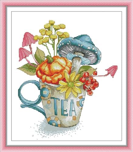 Howie's Needlepoint Cross Stitch Kits, 14CT Pre-Printed Pattern Needlepoint Kits, Full Range of Stamped Starter Kits(Pumpkin Tea Cup,12.60 x 14.4 inch) by HowiesNeedlepoint