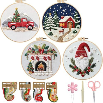 BBLYBD Christmas Embroidery Kit, 4 Set Embroidery DIY Starter Kit, Cross Stitch Kits with Pre-Printed Embroidery Fabric, Hoops, Step-by-Step Instructions, Color Threads & Needles (Christmas-4 Set) by BBLYBD