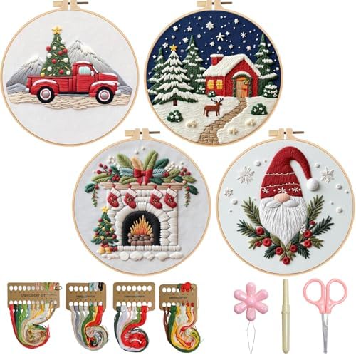 BBLYBD Christmas Embroidery Kit, 4 Set Embroidery DIY Starter Kit, Cross Stitch Kits with Pre-Printed Embroidery Fabric, Hoops, Step-by-Step Instructions, Color Threads & Needles (Christmas-4 Set) by BBLYBD