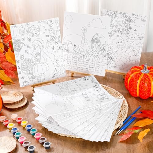 Sherr 75 Pcs Thanksgiving Pre Drawn Painting Canvas Kit for Adults 8 x 10 Inch 15 Set Autumn Pre Painted Canvas Sip and Paint Party Favors Set for Adults Fall Paint Party(Harvest Style) - Image 6