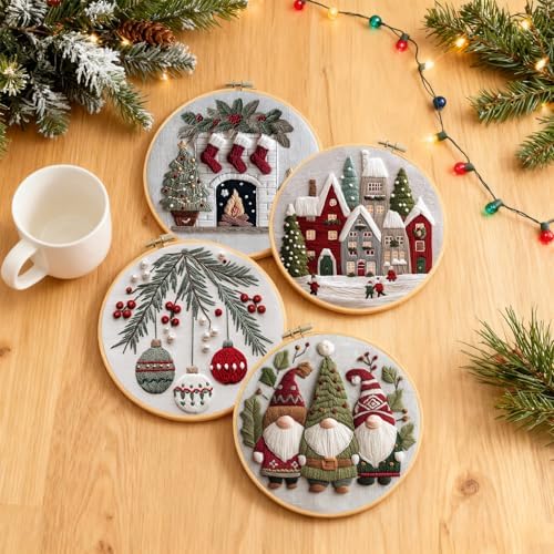 Santune Christmas Embroidery kit,Fall Needlepoint Cross Stitch Kits for Beginners Adult,Needle Point Sets,4 Embroidery,2 Hoops,Christmas Ornaments - Image 6