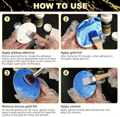 100 Pieces Blue Gold Leaf Sheets,Complete Gilding Adhesive Kit for Leaf - Image 3