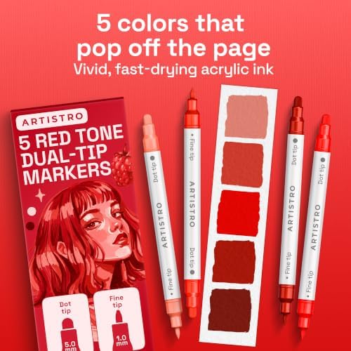 ARTISTRO Red Tones Dual-Tip Acrylic Paint Marker Pens - Set of 5 - Image 2