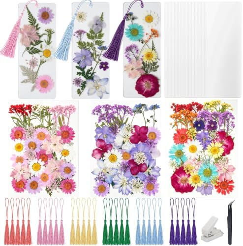 182 Pcs Pressed Flower Bookmark Making Kit, 30 Laminating Pouches with 120 Dried Flowers, 30 Tassels, Tweezer and Punch, Party DIY Crafts Bookmark for Reading Women Kids by Unknown