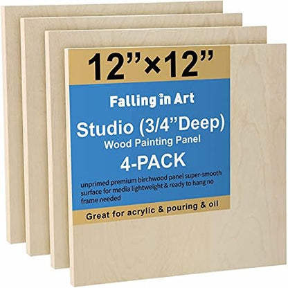 Falling in Art 4 Pack 12x12’’ Unfinished Birch Wood Panels Kit for Painting by FallinginArt