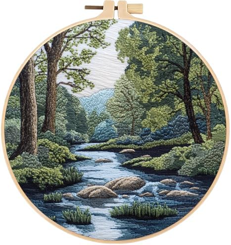 FONNUY Embroidery Kit for Beginners, Boho Nature Landscape Pre-Stamped Pattern Kits for Adults with Hoop, Easy to Follow Color Thread Needlework, 8'' Hoop (Verdant Riverside) by FONNUY