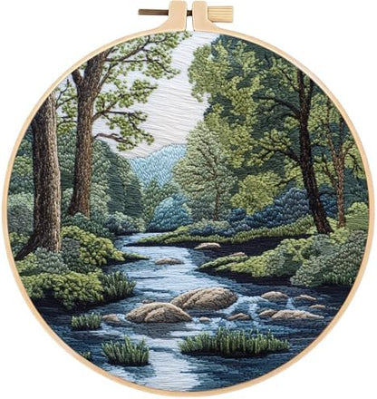 FONNUY Embroidery Kit for Beginners, Boho Nature Landscape Pre-Stamped Pattern Kits for Adults with Hoop, Easy to Follow Color Thread Needlework, 8'' Hoop (Verdant Riverside) by FONNUY
