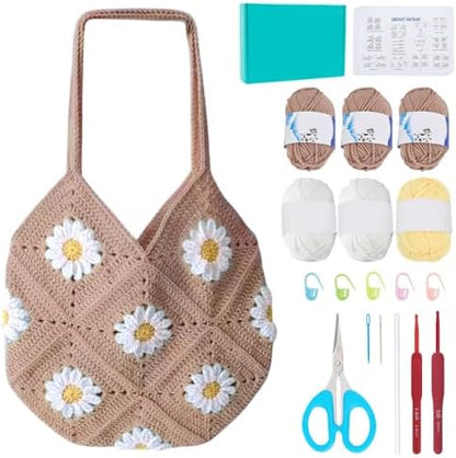 ORIGACH DIY Daisy Crochet Bag Kit for Beginners Adults, Crochet Granny Square Bag Kit with Instruction Video Tutorials, Khaki by ORIGACH