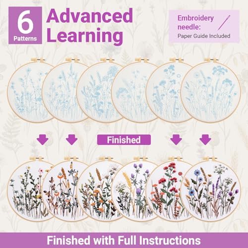 Hokoad 6 Pack Embroidery Kit for Beginners Flower Cross Stitch Kits for Adults Complete Embroidery Starter Kit with Hoop Floral Stamped Pattern Needles Threads Instructions, Gift for Hand Craft Lover - Image 4