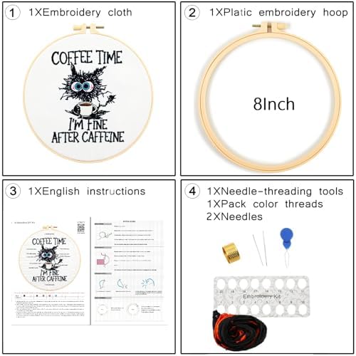 Cute Cat Embroidery Kits for Beginners Adults, Coffee Hand Embroidery Starter Kit, Stamped Cross Stitch Kits for Beginners Adult Craft Kit for Women, Entire Set of Embroidery Supplies & Video Tutorial - Image 6