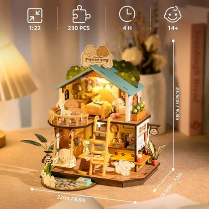 ROBOTIME DIY Miniature House Kit, Mini Wooden Dollhouse Diorama Model, Tiny House Building Kits,Birthday Christmas Craft Hobbies Gift for Teens Kids and Friends（Puppy's Cozy Villa） - Image 6