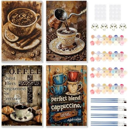 HEIBAGO 4 Pack Coffee Framed Paint by Numbers Kit for Adults Beginner, Landscape Adult Paint by Number Kits, DIY Paint by Numbers for Adults, Small Easy Acrylic Oil Painting for Wall Decor 8 x 12 Inch by HEIBAGO