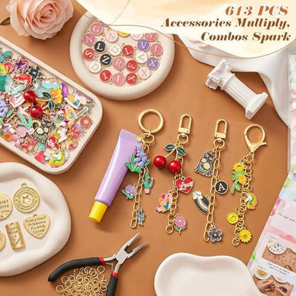 Ecoofor 613 PCS Charms Lip Gloss Keychain Making Kit, Bag Charm Kit with 178 Charms, 25 Keychain Clips & Extender Chains, Jewelry Pliers, Gift Bags & DIY Keychain Craft Supplies - Image 5