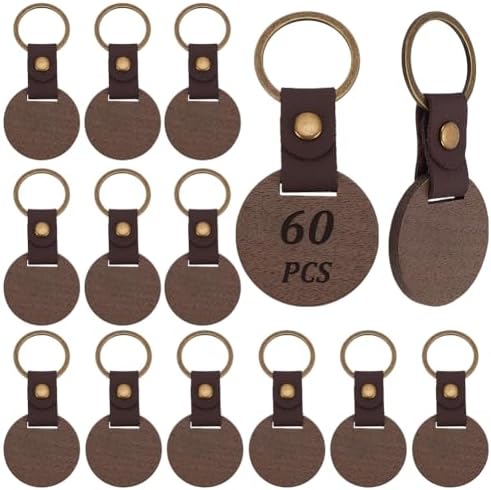 60 PCS Leather Wooden Round Keychain Blanks Engraving Blanks Keychain Unfinished Wood Keychains Vintage Black Walnut Wood Keychain Blanks for DIY Gifts Engrave Crafts by ACRNIGHEET