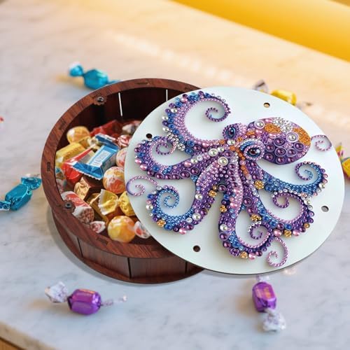 antor DIY Diamond Art Painting Storage Box, Octopus Design 5D Crystal Rhinestone Art Wooden Serving Box, Round Snack or Trinket Container Tabletop Ornament for Ocean Decor or Handmade Gift - Image 4